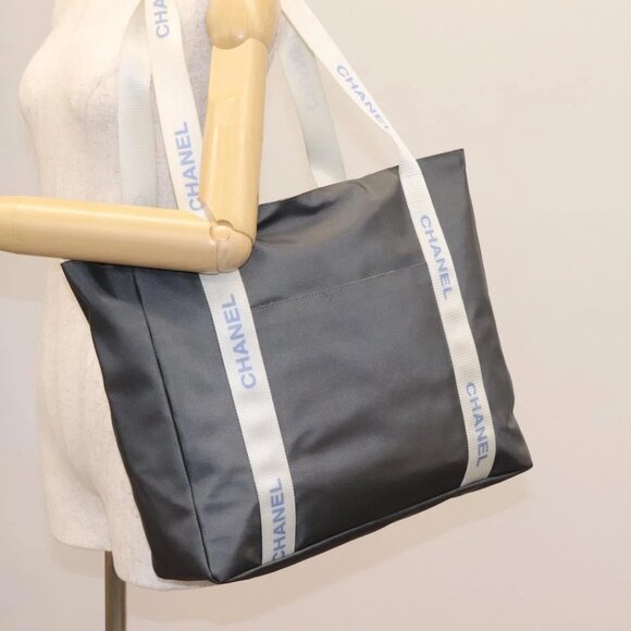 CHANEL Sports Tote Bag Nylon Gray White CC Auth - Picture 1 of 15